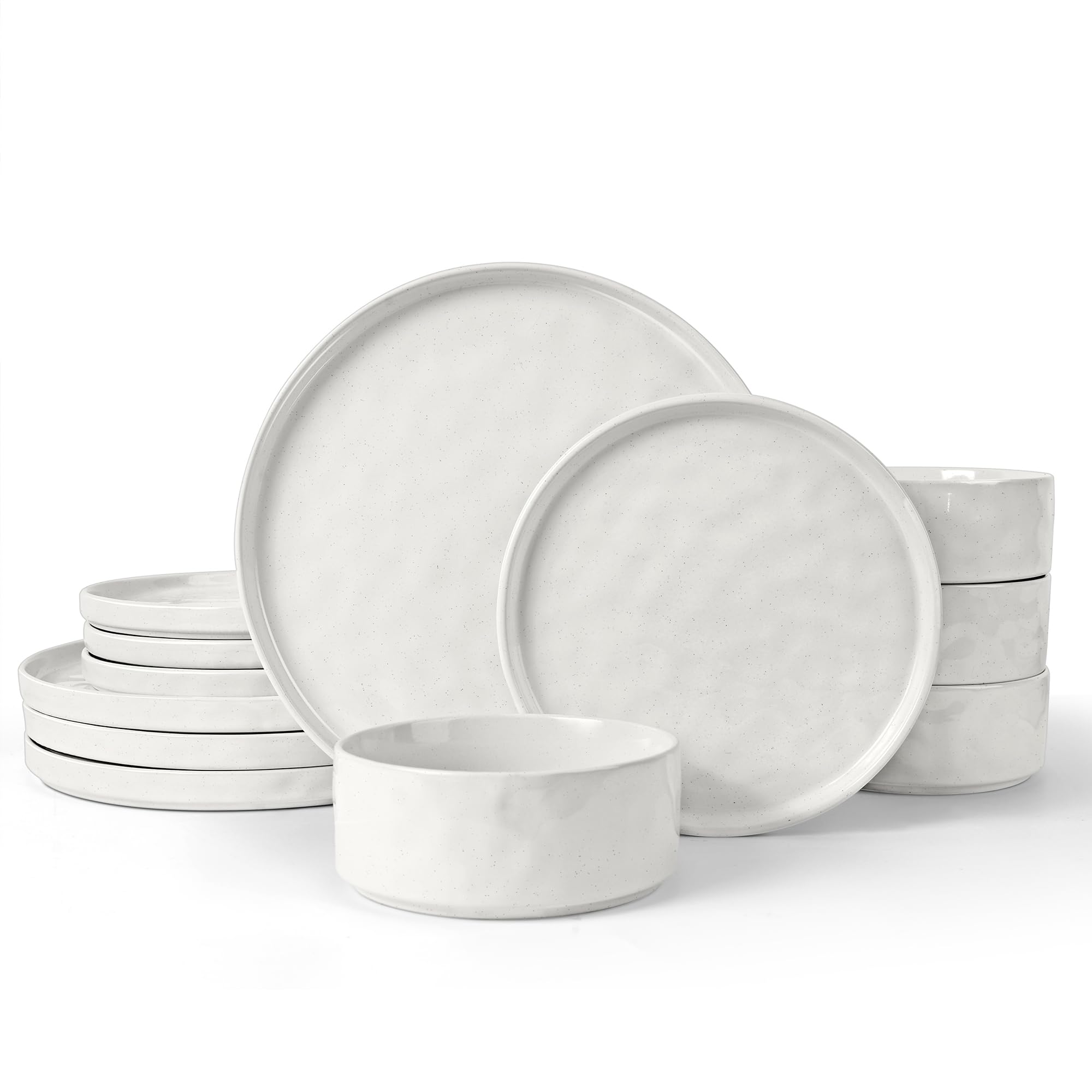 LIANYUStoneware Dinnerware Sets, 12 Piece Plates and Bowls Dish Set for 4, Kitchen Speckled Dinner Ware Dining Dishware, Microwave & Dishwasher Safe, Polar White
