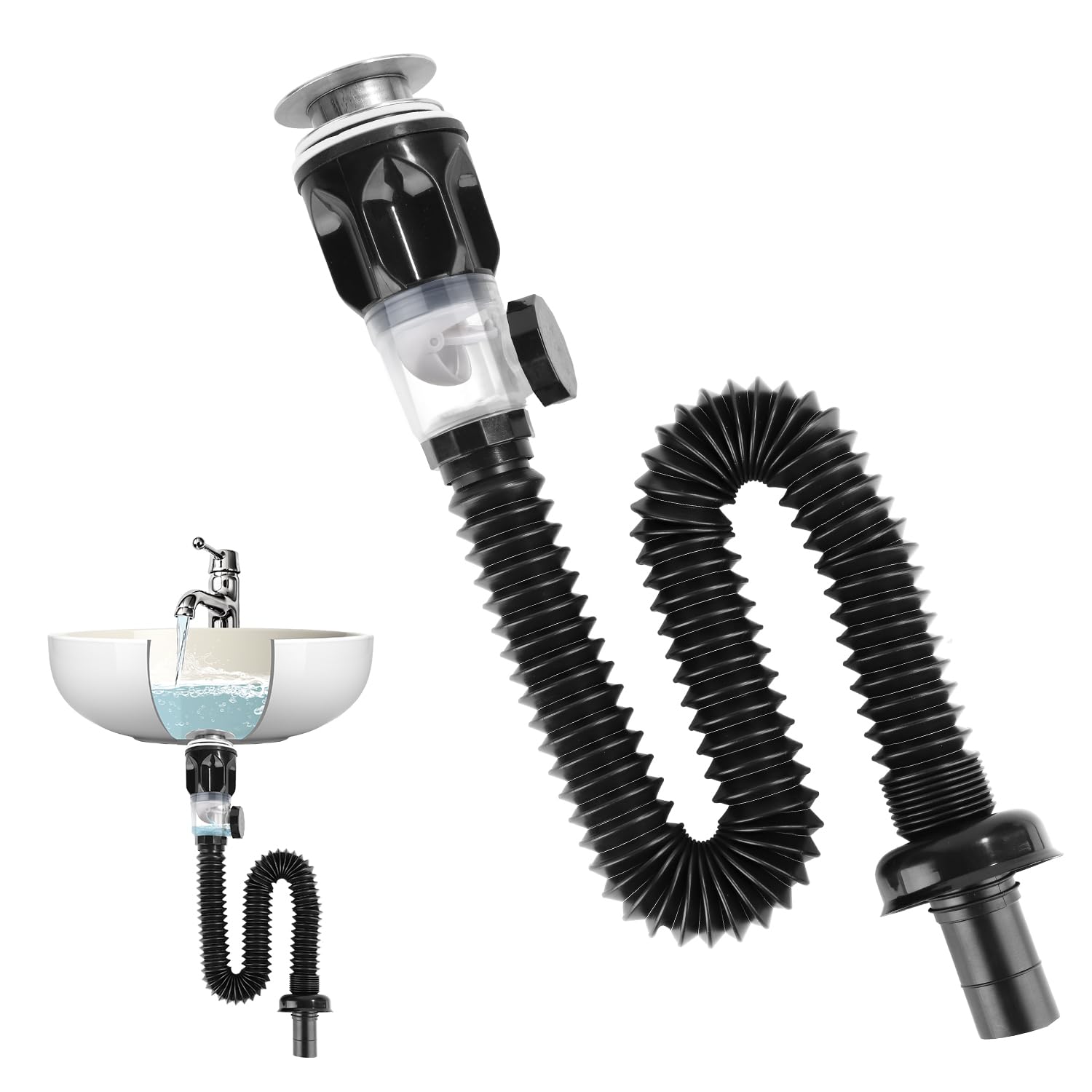 NQEUEPN Bathroom Sink Drain Kit, Sink Drain Waste Pipe Flexible Expandable P-Trap Sink Drain Tube Bathroom Sink Drain Set for 1-1/4", 1-1/2", 2" Drain Holes