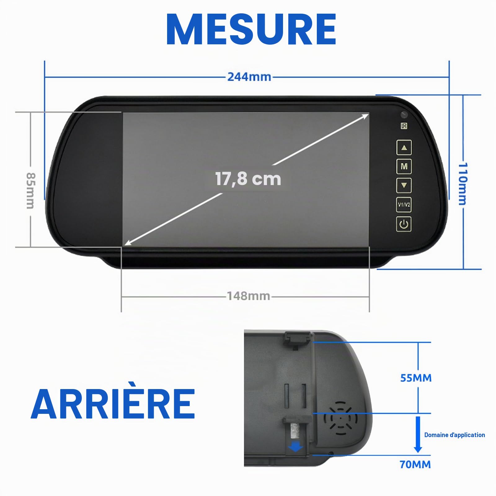 Cocar 7 Pouces Moniteur Automobile Miroir Écran Affichage 2 RCA pour Recul Auto Voiture