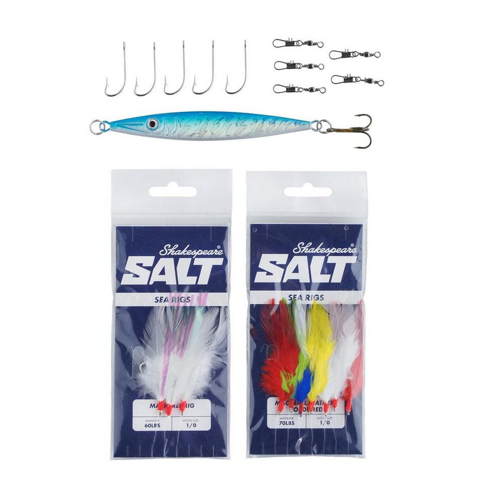 Shakespeare Salt - Juego Combinado de caña de Pescar y Carrete, Incluye Caja de Aparejos rígida, señuelos y Aparejos Finales, Pesca en Barco