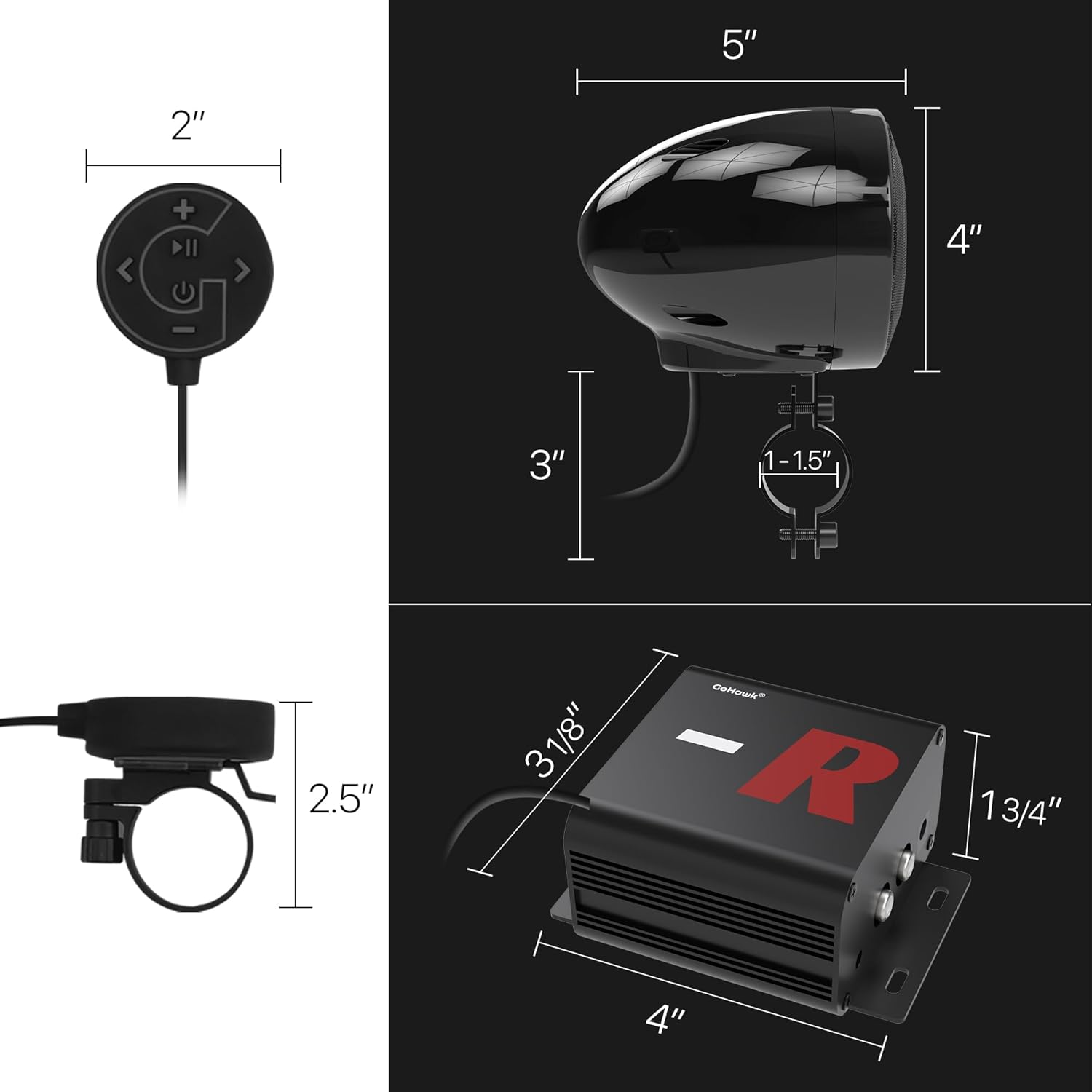 GoHawk Motorcycle Speakers Bluetooth Waterproof Radio Audio System with Amplifier, FM Radio, Volume Control, ATV UTV Compatible - Image 8