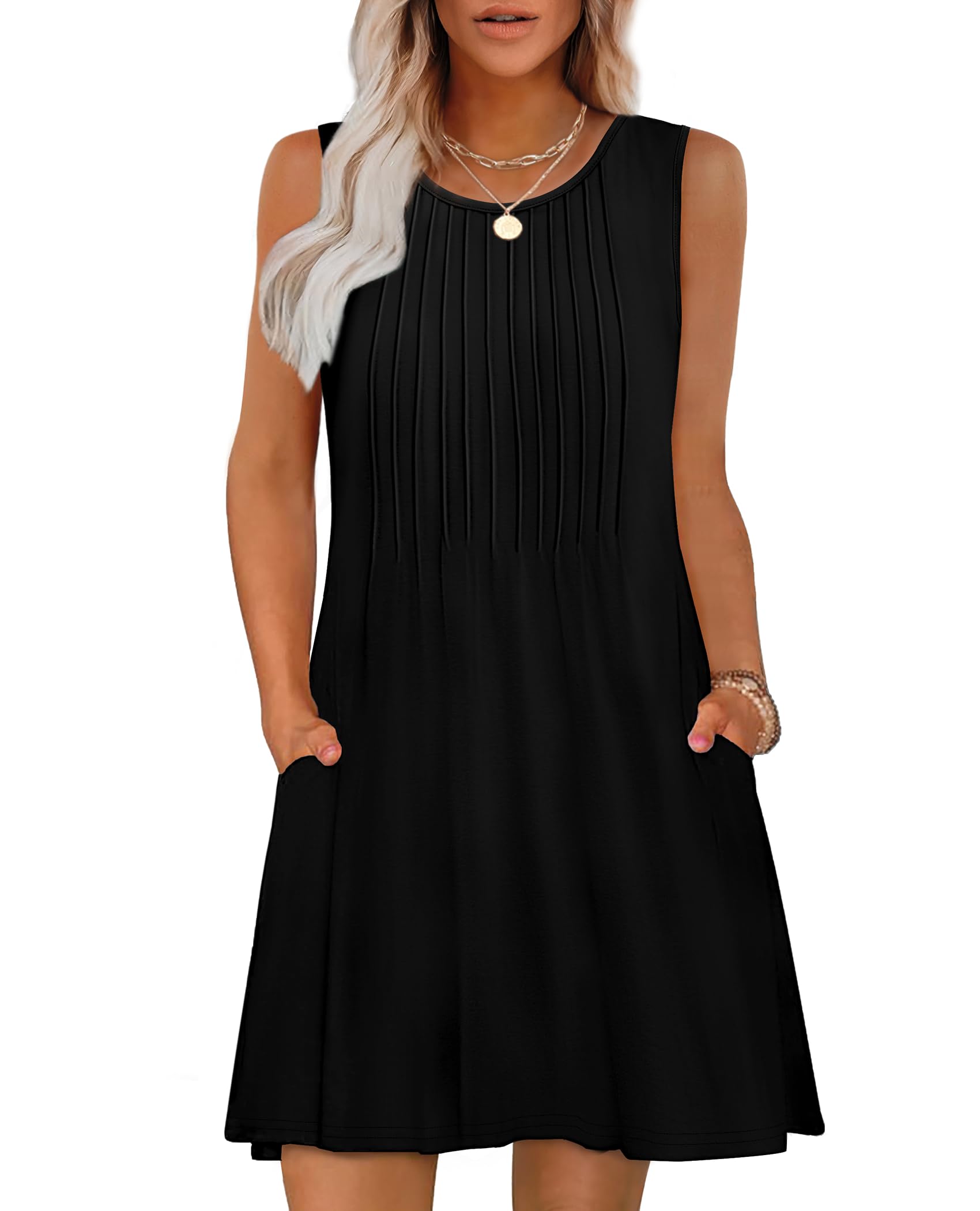 OFEEFAN Summer Dresses for Women 2026 Loose Beach Vacation Casual Crew Neck Sleeveless Sundresses with Pockets Tank Dress