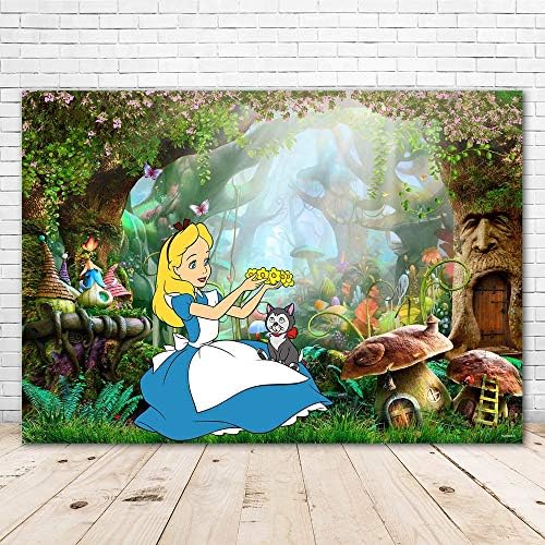 Happy Birthday Alice in Wonderland Backdrop 7x5 Fairytale Mushroom Jungle Forest Baby Shower Background for Girl Vinyl Photography Background Tea Party Banner