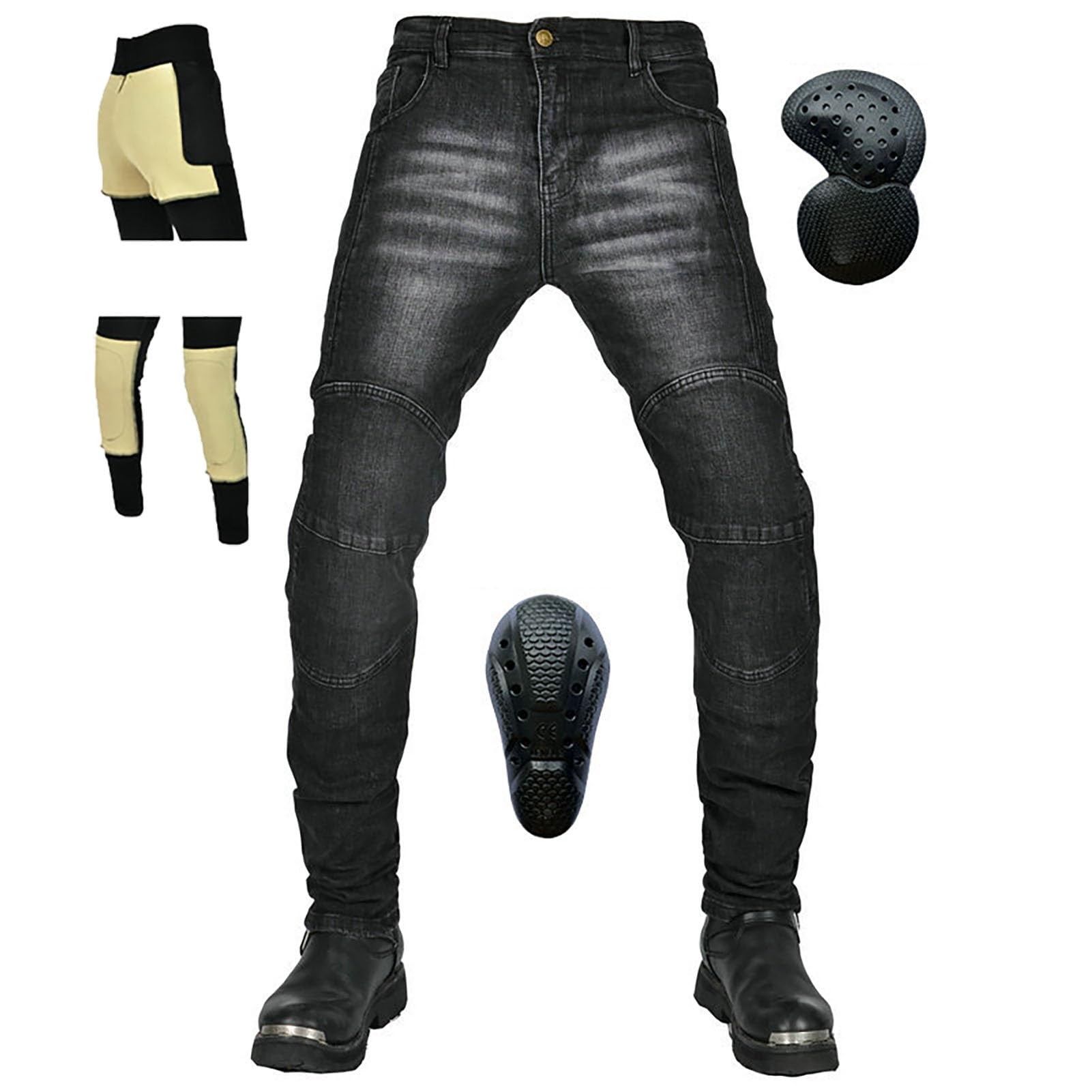 HULUV Men's Vintage Motorcycle Riding Jeans Trousers, Kevlar For Hips And Knees, With 4*CE Upgrade Armor(Noir,M)