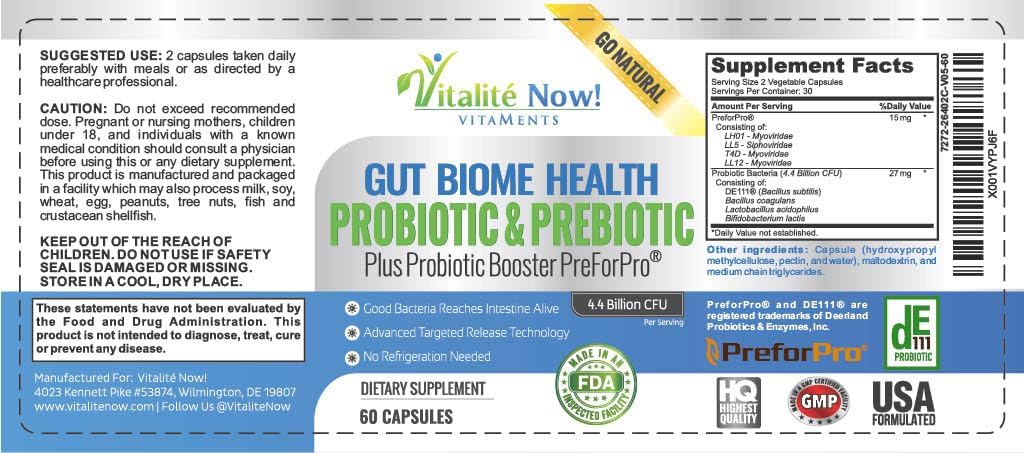 Premium Probiotic plus Ultimate Prebiotic - Gut Biome Builder & Restoration - 4.4 Bn CFU - Best for Women & Men - Bacteria Reaches Intestine within Hours - No Refrigeration - Bacillus Subtilis