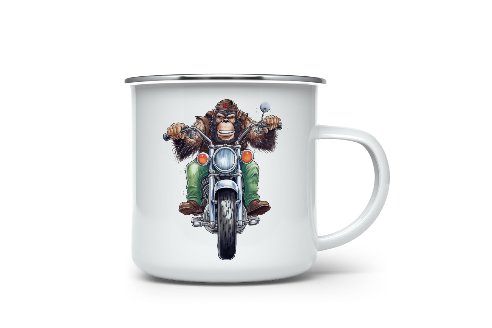 MAXIKIWI - Durable Enamel Coffee or Tea Camping Mug for Indoor Outdoor Use - Monkey Riding Motorbike - 350ml