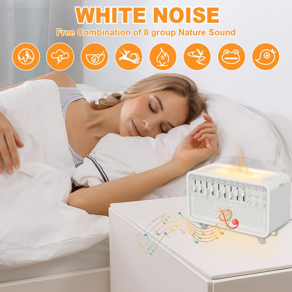 Rumori Bianchi, Macchina Rumore Bianco, White Noise Machine con 8 Suoni Della Natura, Luce Notturna, Bluetooth, Umidificatore a Fiamma, Rumore Bianco per Dormire per Bambini Adult
