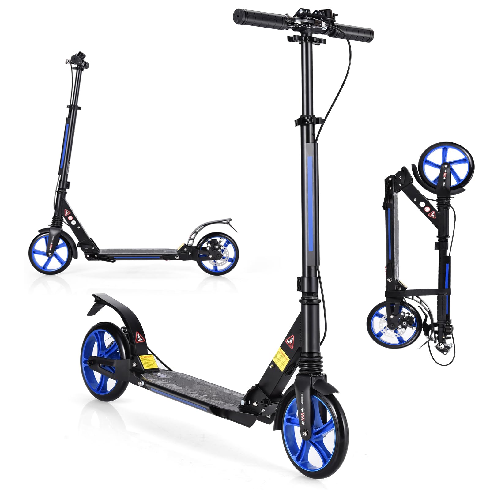 KOMFOTTEU Patinete Plegable con 2 Ruedas con Freno, Scooter con 3 Alturas Regulables, Patinete Infantil con Carga 100 kg, Monopatín con Timbre y Correa, para Niños 8+ y Adultos