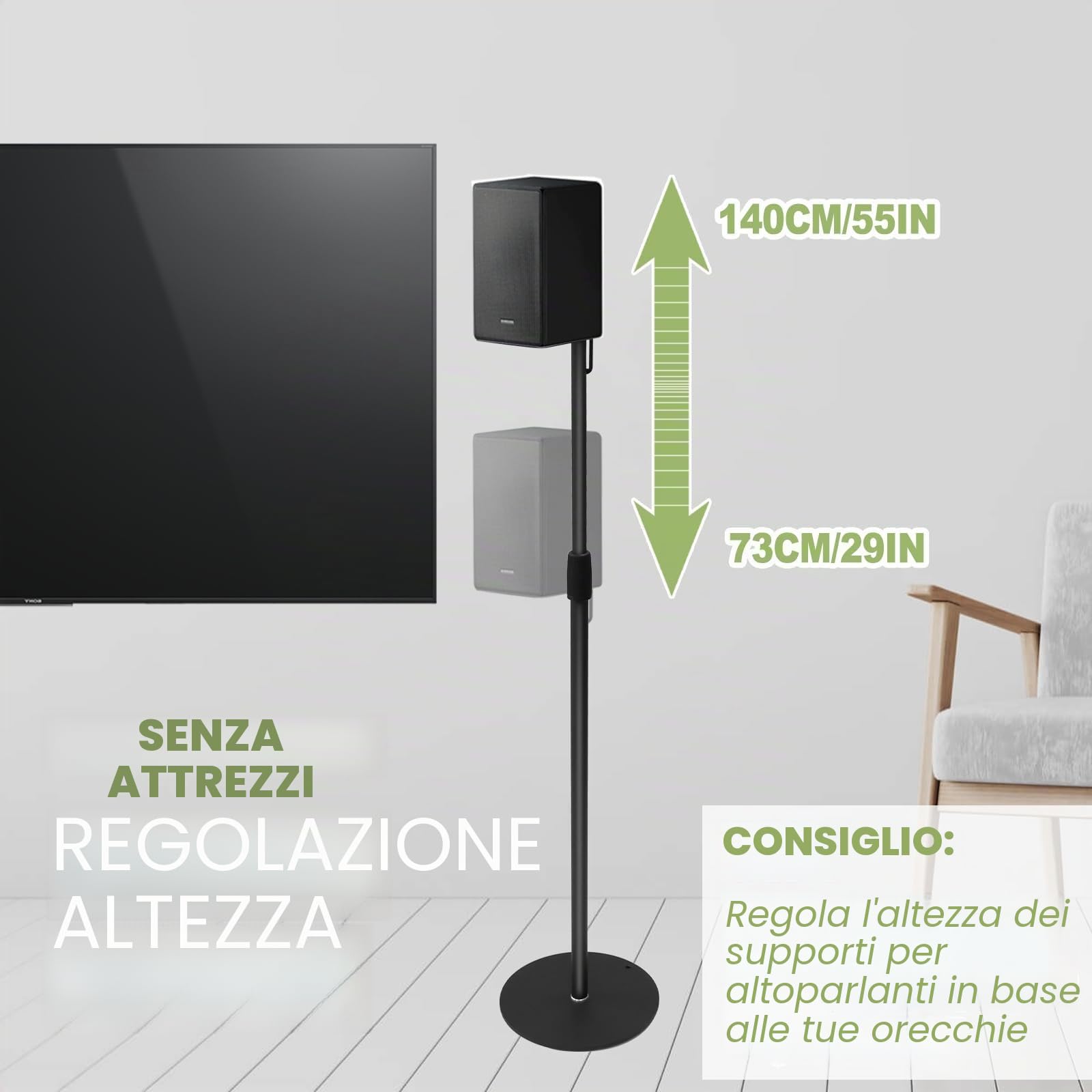 Supporto per Altoparlante Regolabile per 73-140 cm Supporti da Pavimento (set di 2) da Poweka