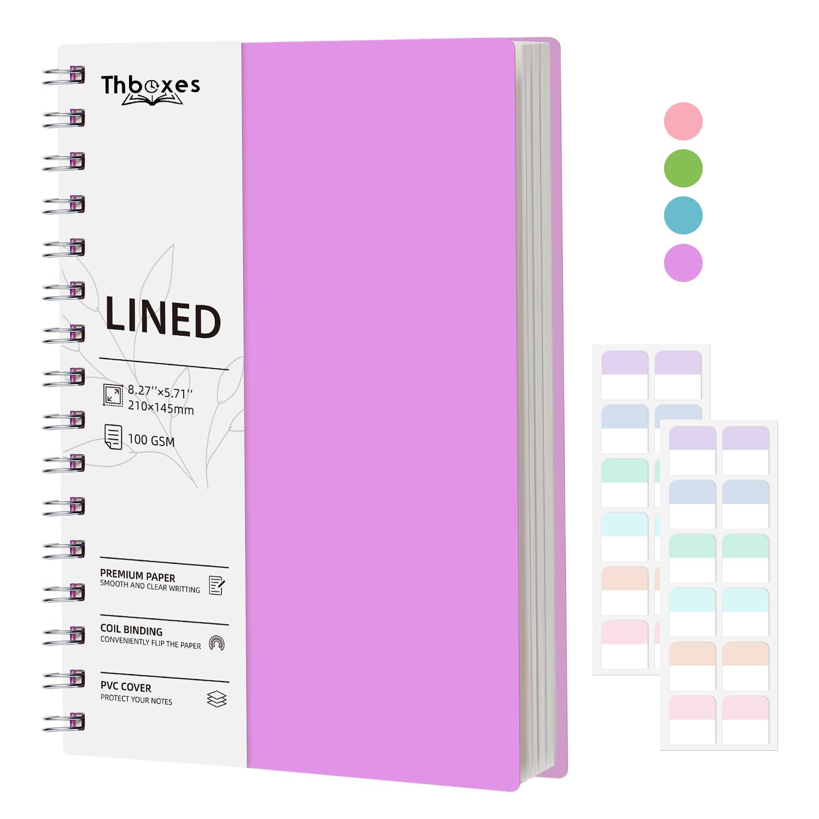 Thboxes A5 Notebook, Wirebound Spiral Notebooks 200 Pages, 100gsm Lined Paper PVC Waterproof Cover Notepad with 24 Labels for Women Men Work Office School, 14.5 x 21cm - Purple