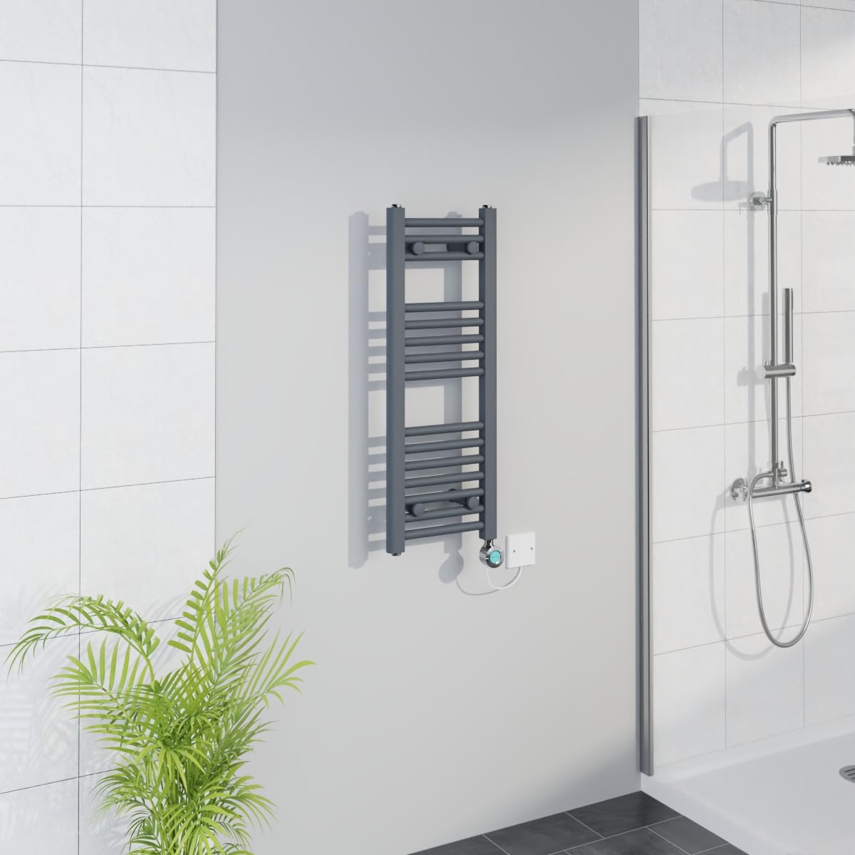 Warmehaus Smart WiFi Thermostatic Electric Bathroom Straight Heated Towel Rail Warmer Radiator with Timer 800x300mm - Anthracite - Chrome Heating Element