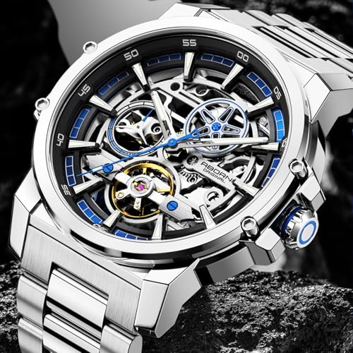 Image of FORSINING Men's Luxury Automatic Skeleton Mechanical Watch, Industrial Style Self-Winding Hollow Watches with Tourbillon & Luminous Function, Stainless Steel Strap Mens Wristwatch