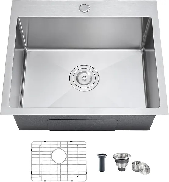 KINKIB 20 inch Kitchen Sink Single Bowl - Drop in Kitchen Sink with Protective Bottom Grid, Overmount 304 Stainless Steel Kitchen Bar Sink Handmade with 1 Hole, 20×16×9