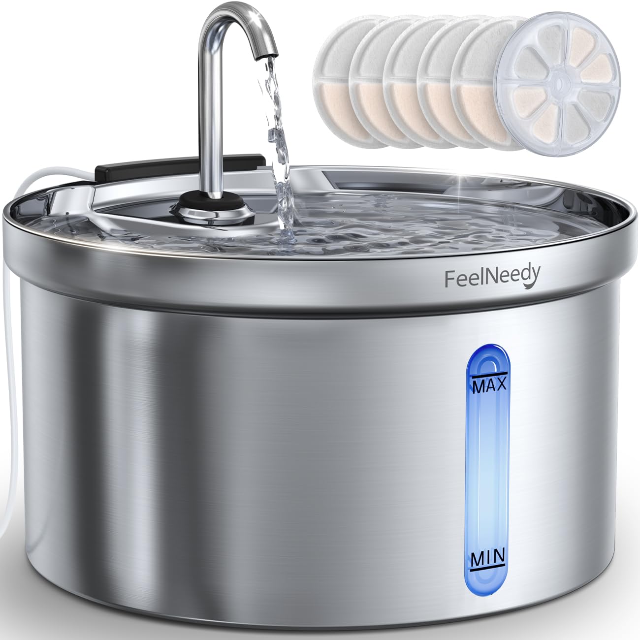 Fontanella Per Gatti In Acciaio Inox FEELNEEDY - Fontana 3,5L, Ultra Silenziosa, Filtrazione a 3 Stadi, Include 6 Set Filtri + Alimentatore USB