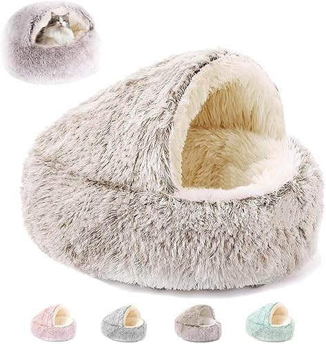 Lapcatz Nest Bed, Round Plush Hooded Cat Cave, Anti-Slip & Washable Fluffy Pet Bed for Small Medium Pets (Coffee, Medium)