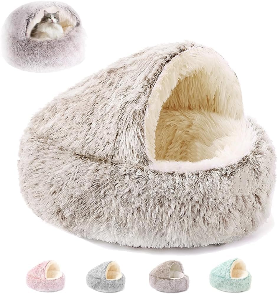 Lapcatz Nest Bed, Cat Bed Round Plush Fluffy Hooded Cat Bed Cave, Plush Fluffy Pet Round Bed, Anti-Slip & Washable Fluffy Cat Bed for Small Medium Pets (Coffee,Small)