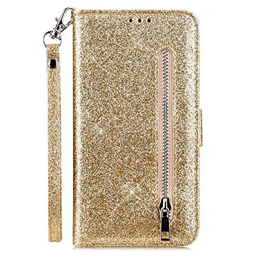JAWSEU Fodral kompatibelt med Samsung Galaxy S7 plånboksfodral, bling glitter PU-läder plånboksfodral med TPU inre skal fram och bak magnetiska stängningskort spår ställ folio fodral, guld
