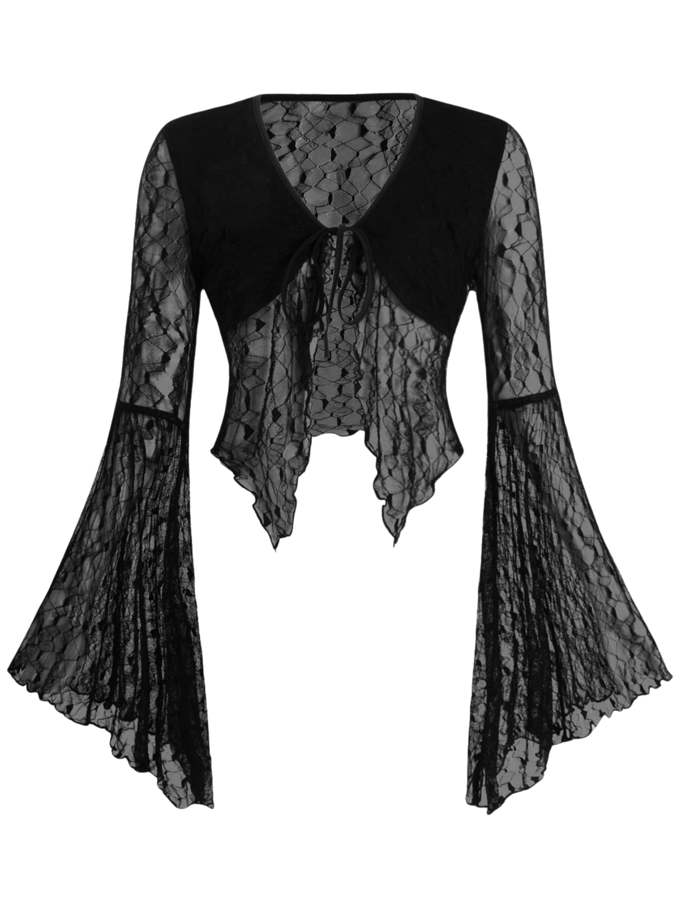 Verdusa Women's Lace Tops Tie Front Bell Long Sleeve Sheer Blouse Crop Tops