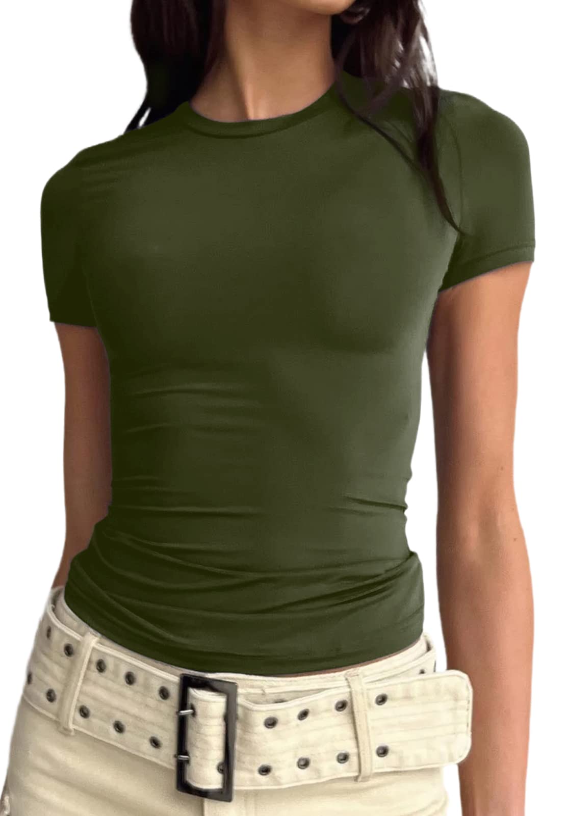 Basic Tops for Women Cute Going Out Crop Tops Cotton Fitted Shirts Bodycon Short Sleeve Skim Shirt Dupes Basic Baby Tees Army Green M