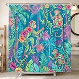 Affen-Duschvorhang, tropische bunte Blume, Blätter, Sommerblau, waschbar, mit Haken-Design, Badvorhänge für Badezimmer, Badewanne, Wohnung, Dekoration, 183 x 183 cm