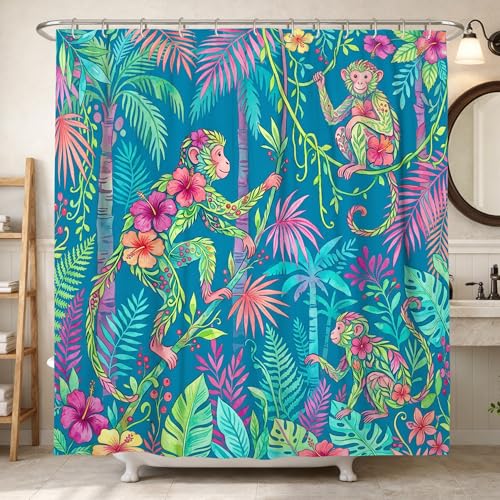Affen-Duschvorhang, tropische bunte Blume, Blätter, Sommerblau, waschbar, mit Haken-Design, Badvorhänge für Badezimmer, Badewanne, Wohnung, Dekoration, 183 x 183 cm