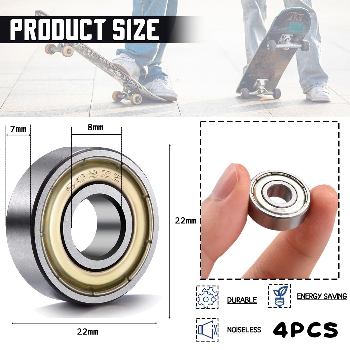 4 Pièces Roulement 608ZZ, Roulement À Bille Skateboard, 608ZZ Roulements À Billes Roller