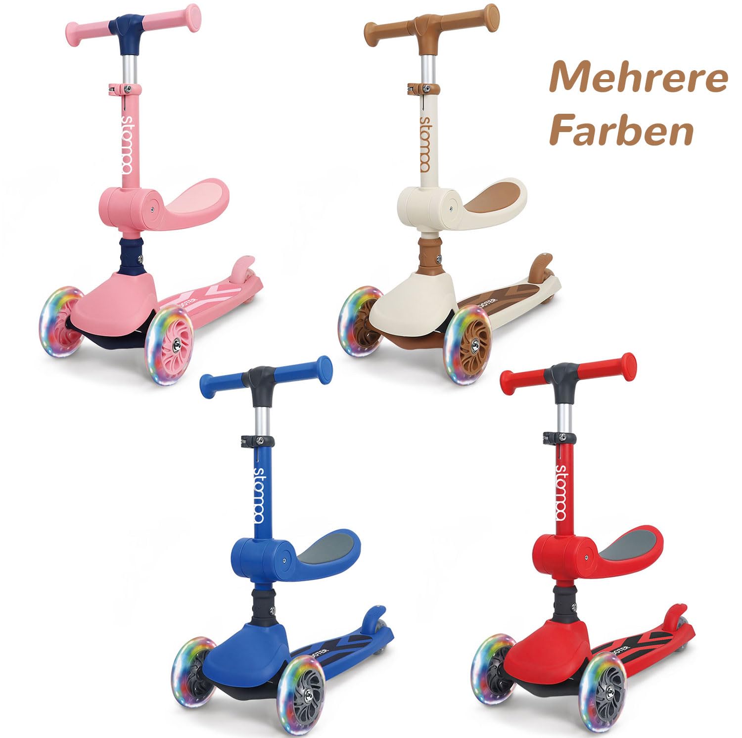 Stompa Roller Kinder 2 Jahre Scooter 2 in 1 Kinderroller ab 2 Jahre bis zu 50 kg mit Klappbar Sitz &LED Räder, Höhenverstellbarer, Faltbar Tretroller Dreirad Roller für Kleinkinder Jungen Mädchen