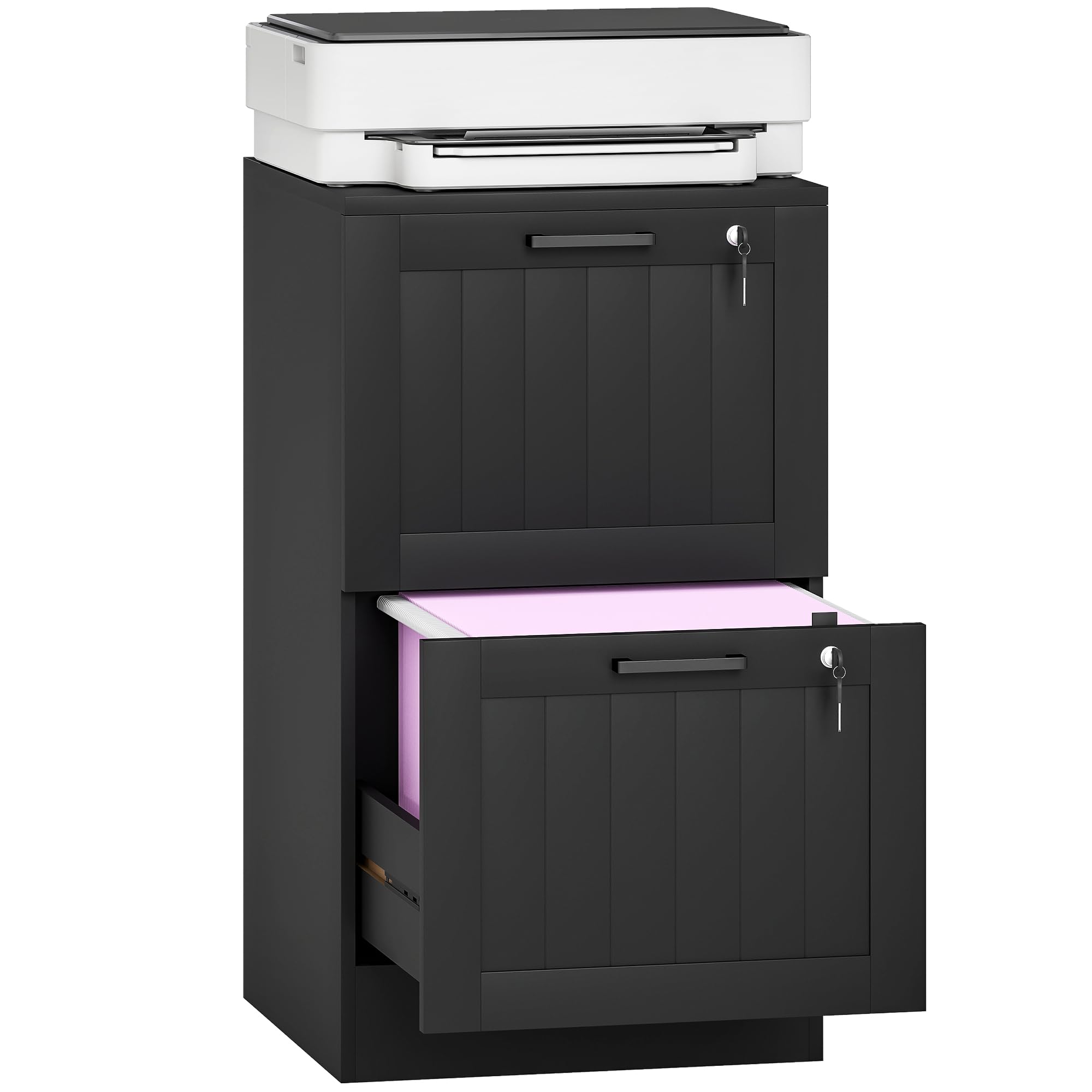 HOMCOM 2 Drawer File Cabinet with Lock, Vertical Filing Cabinet with Adjustable Hanging Bars for A4 and Letter Size File Folders, Printer Stand with Storage, Black