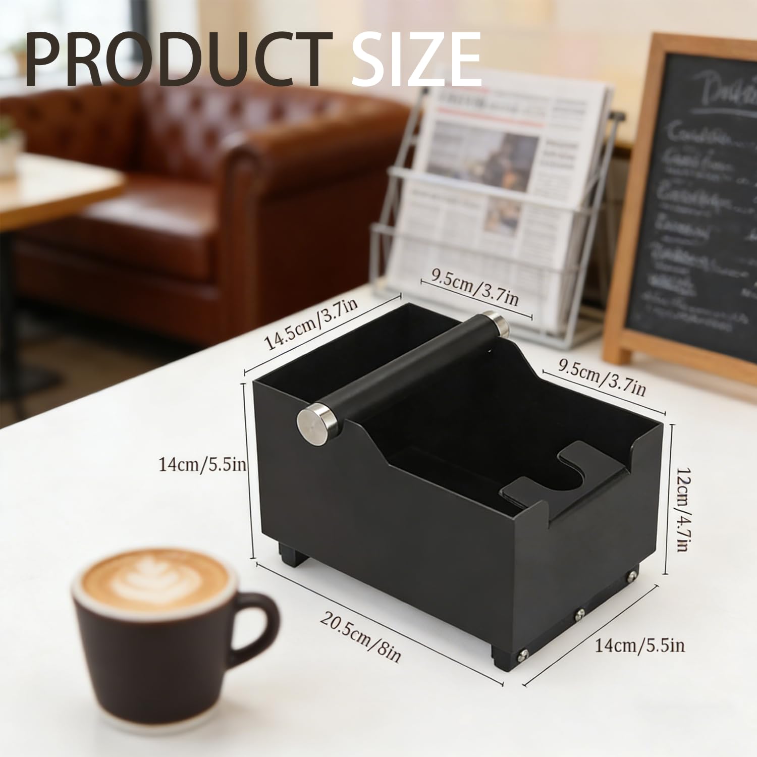 Knock Box de Acero Inoxidable Negro, Diseño 2 en 1 que Integra una Estación de Prensado y Coffee Knock Box, 20x14.5x14 cm