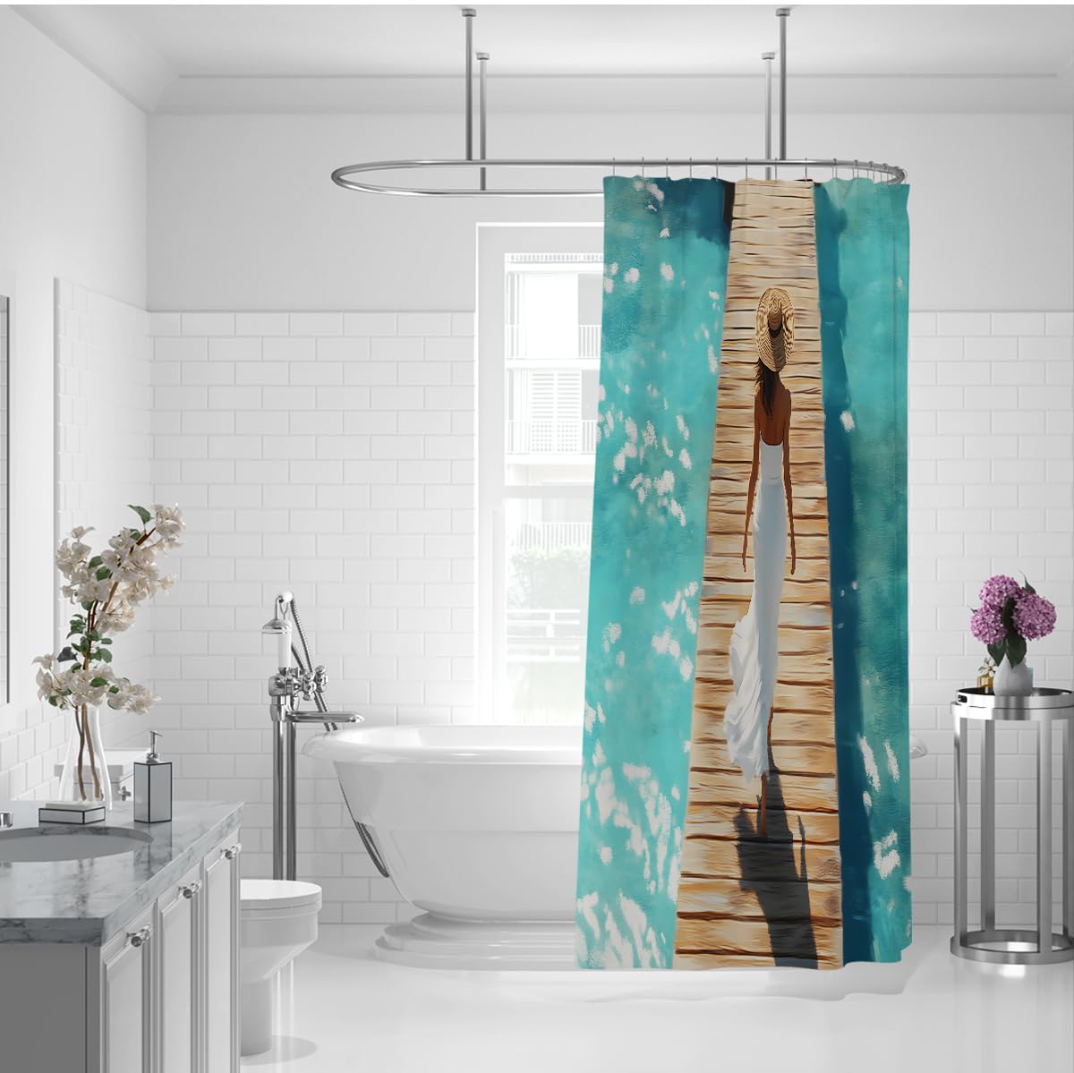 Lato Boardwalk zasłona prysznicowa elegancka kobieta z białym wzorem zasłony łazienkowe z haczykami z tworzywa sztucznego można prać w pralce, wodoszczelna, 150 x 200 cm