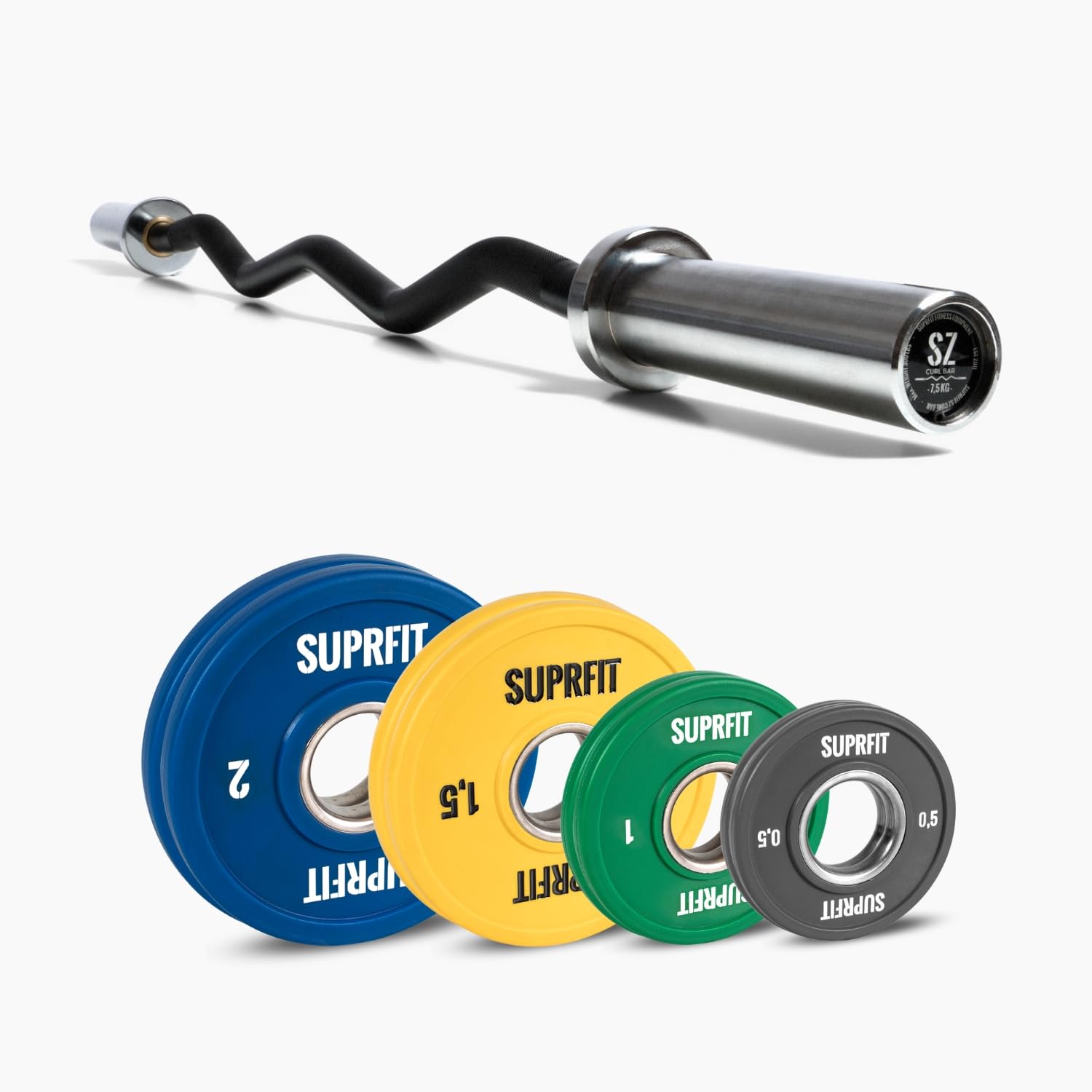 Suprfit SZ Curl Bar Set inkl. Mini Bumper Plates - Gewölbte Form ist besonders angenehm für Handgelenke, Ellenbogen und Schultern