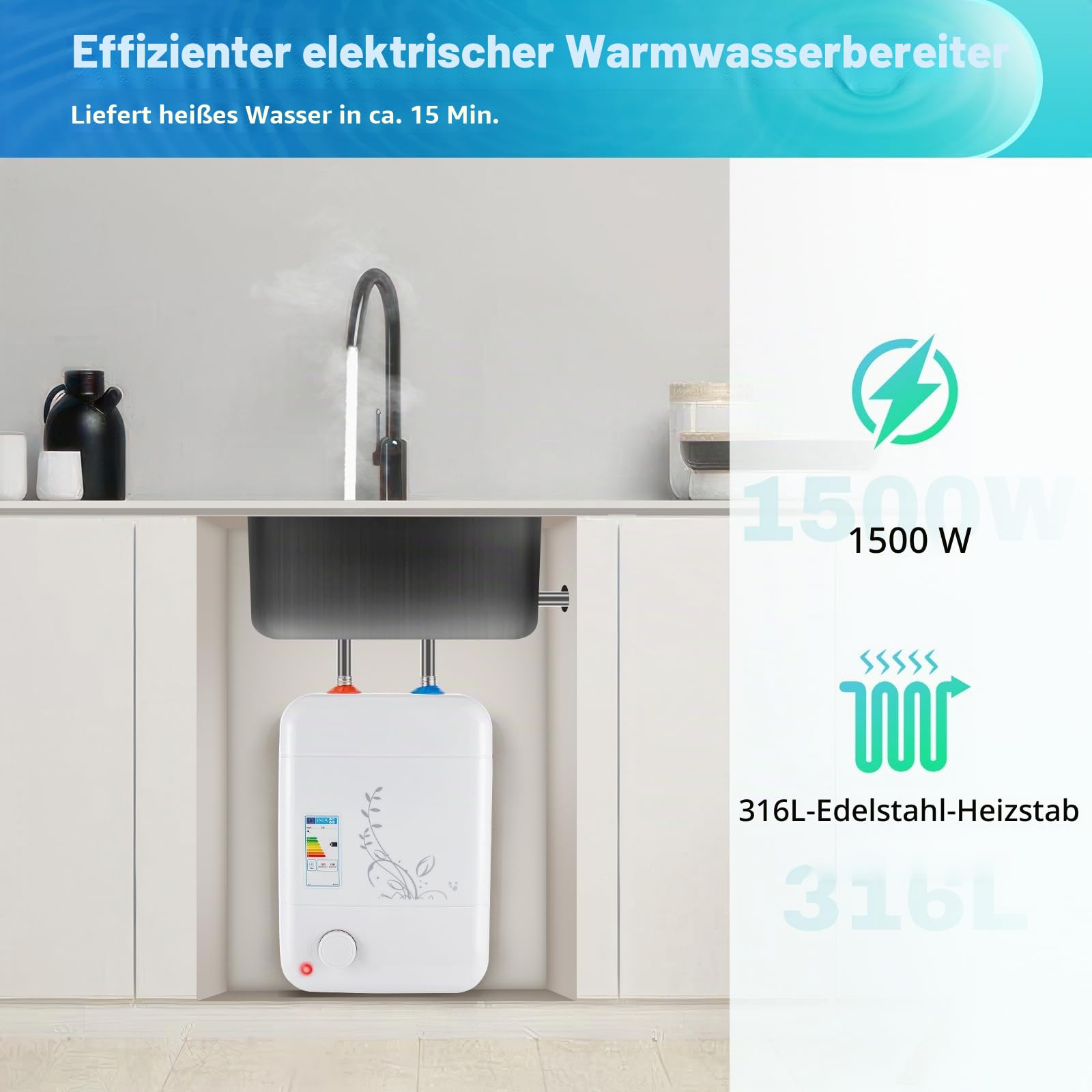 8L Kleiner druckfester Warmwasserspeicher, 220V 1500W Elektrischer Warmwasserbereiter Temperatur Einstellbarer Warmwasserbereiter mit Sicherheitsventil für Washbasin Bathroom Schulen