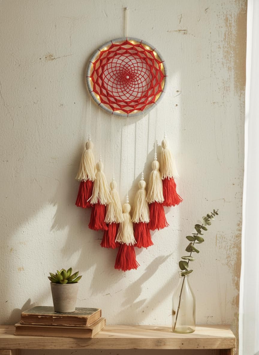 Handmade Red & Beige Dream Catcher for Valentine’s Day Gift | 8 Inch Ring, 24 Inch Length | Romantic Wall Hanging Decor for Bedroom, Couple Room & Home (Red, Beige)-image-31
