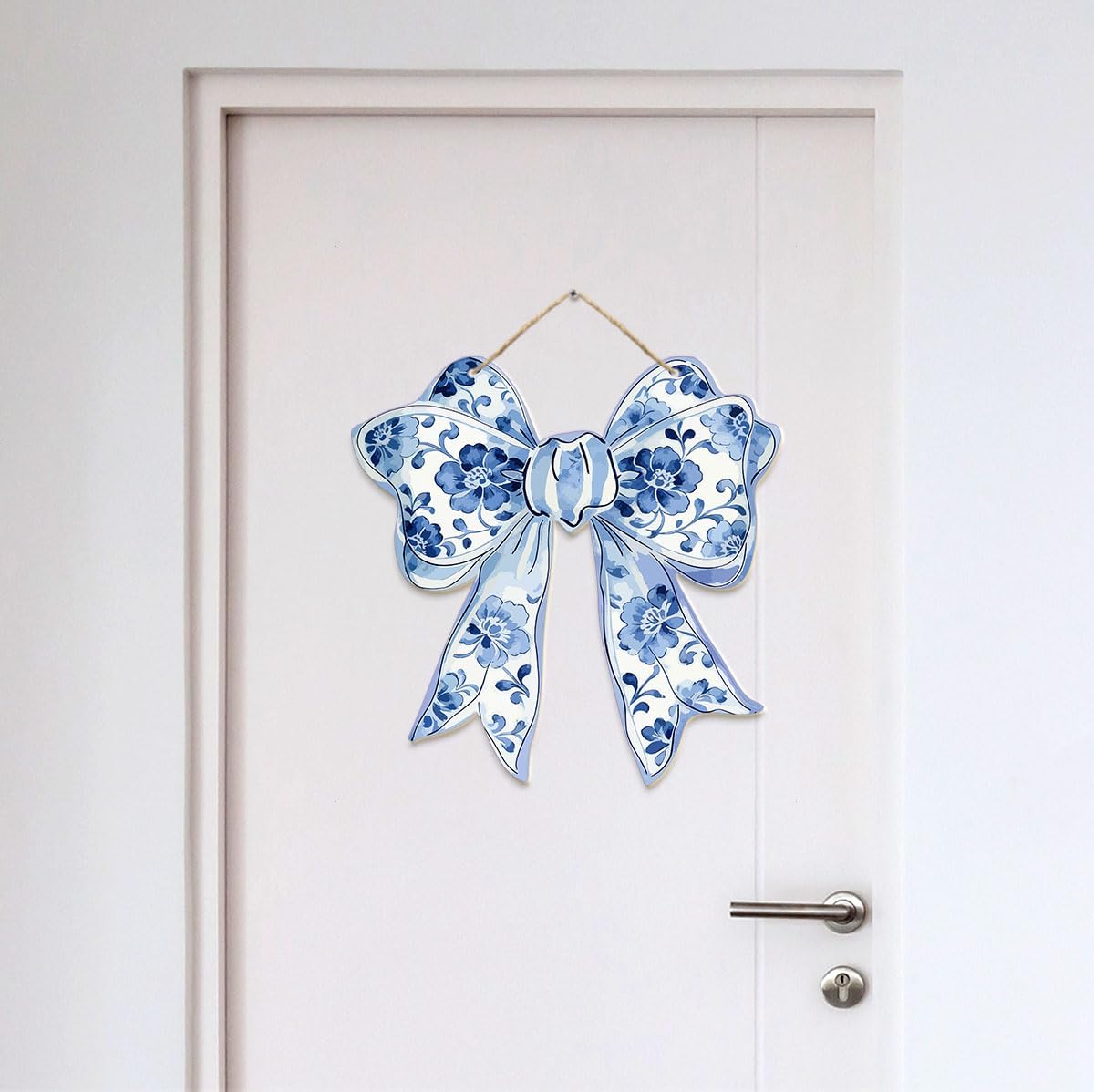 Funny Wooden Blue and White Porcelain Floral Bow Wall Hanging-Decorative Blue Chinoiserie Ornament for Living Room,Bedroom,and Entryway - Rustic Farmhouse Home Decor Accent image 5