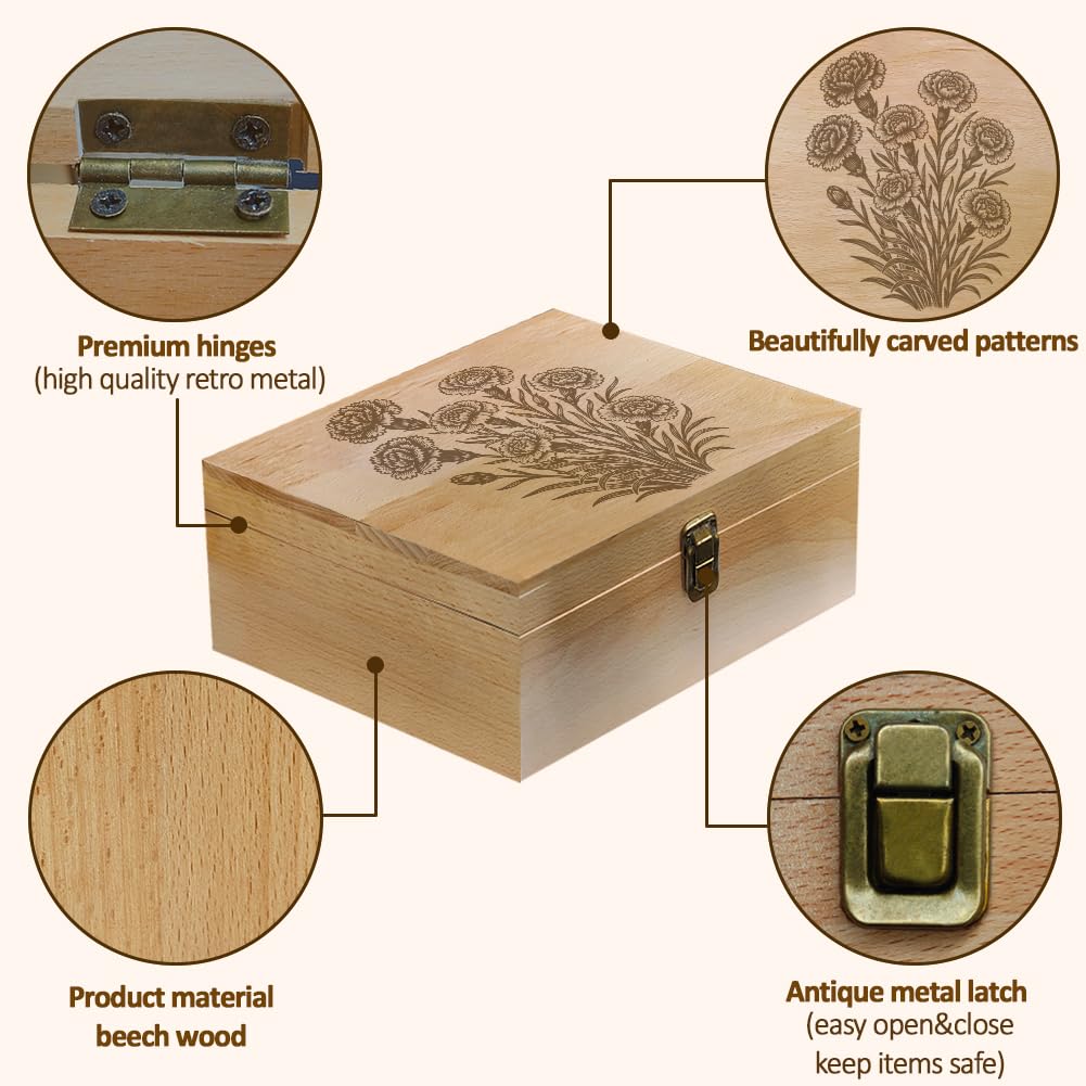 arricraft 1 Stück Erinnerungsbox Aus Holz Dekorative Erinnerungsbox Aus Holz Mit Nelken Cluster Muster Und Scharnierdeckel Für Jubiläumsfotos DVDs Buchstaben Schmuck 24.5x19.5x10.3cm