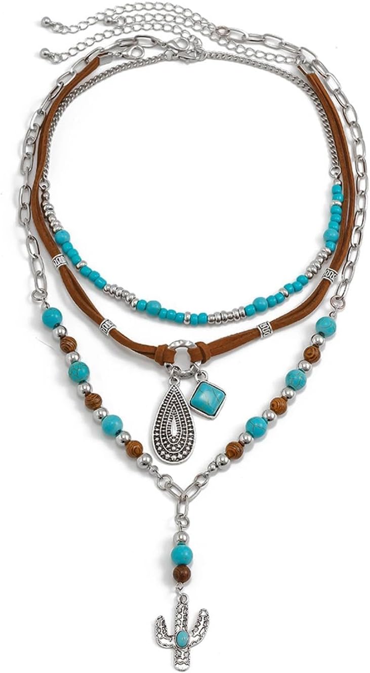Boho Layered Necklaces for Women Western Turquoise Beaded Leather Necklace Vintage Cactus Pendant Necklaces Country Concert Cowgirl Dresses Accessory - Image 4
