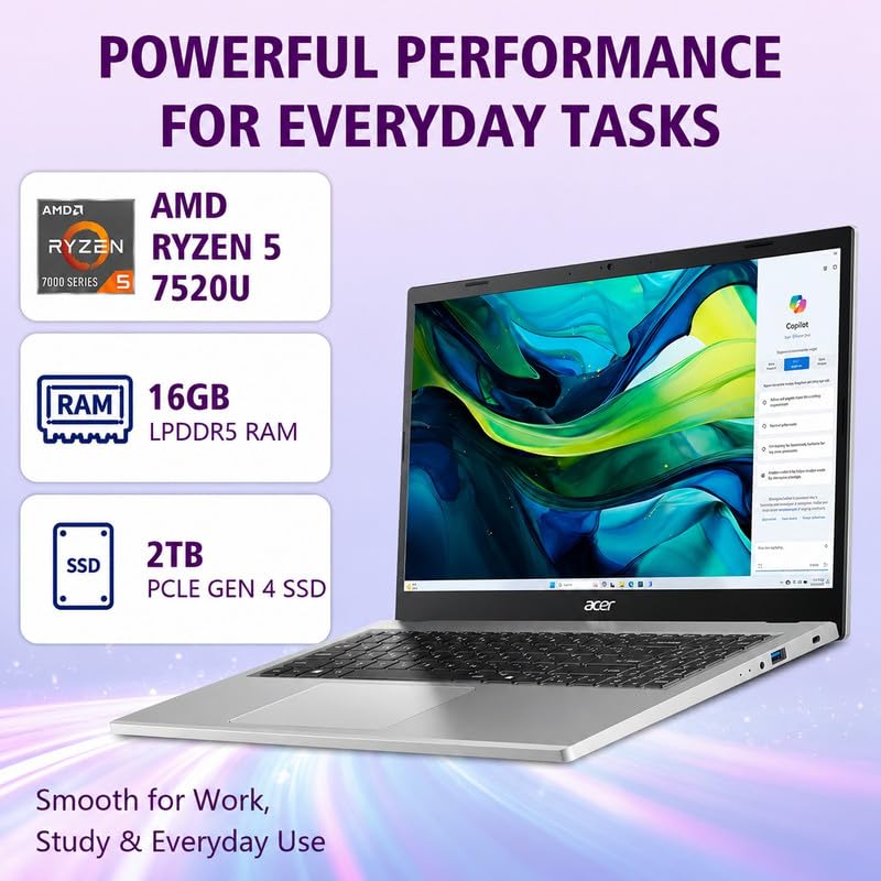 Image of Acer Aspire 3 15.6 inch Touchscreen Laptop, AMD Ryzen 5 7520U, 16GB LPDDR5 RAM, 2TB SSD, FHD IPS Display, Wi-Fi 6, USB-C, Windows 11 Pro, Office 2021, Mouse & Hub