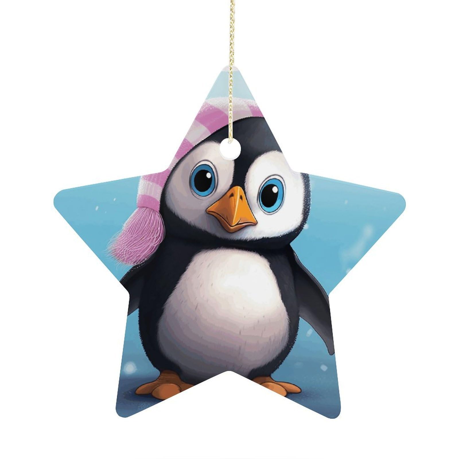 Lovely Penguin Stars Ornaments Ceramic Christmas Tree Hanging Light in Weight Christmas Star Pendants Funny Double-Sided Printed Xmas Ornaments for Gifts