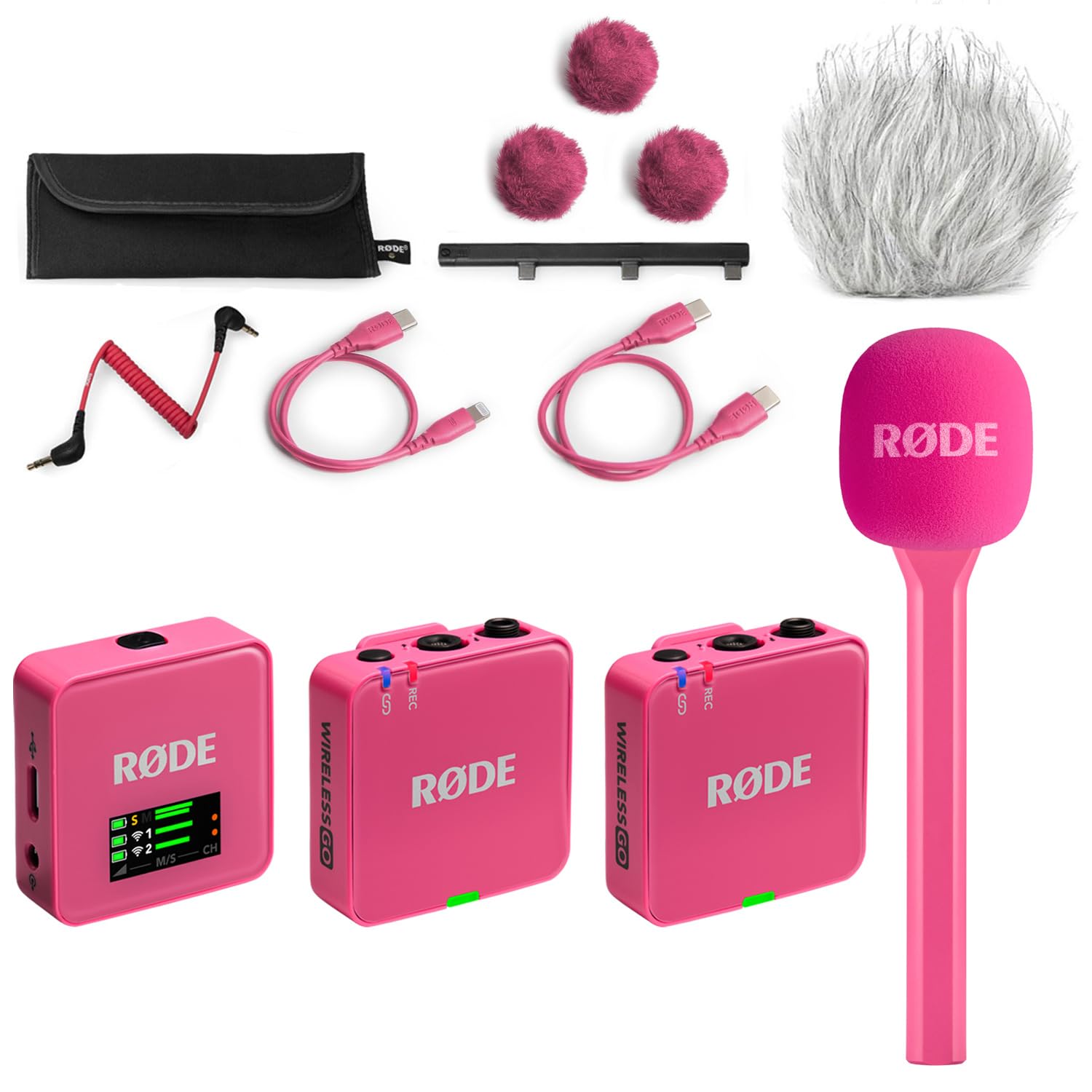Rode Wireless GO Gen 3 Drahtloses 2-Kanal Mikrofon-Funksystem Pink mit Interview GO Handadapter Pink und keepdrum Fell-Windschutz