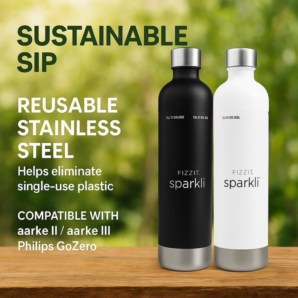 Stainless Sparkli Soda Maker with 3 Bottles – Black Machine with Black & White Stainless Bottles