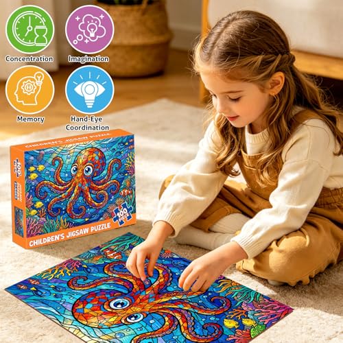 4-Pack 100 Piezas Rompecabezas para Niños Edades 4-8 6-8 8-10, Tiburón Tortuga Pulpo Medusa Rompecabezas Animales Oceánicos, Juguetes para Niños 15"x10" miniatura 3