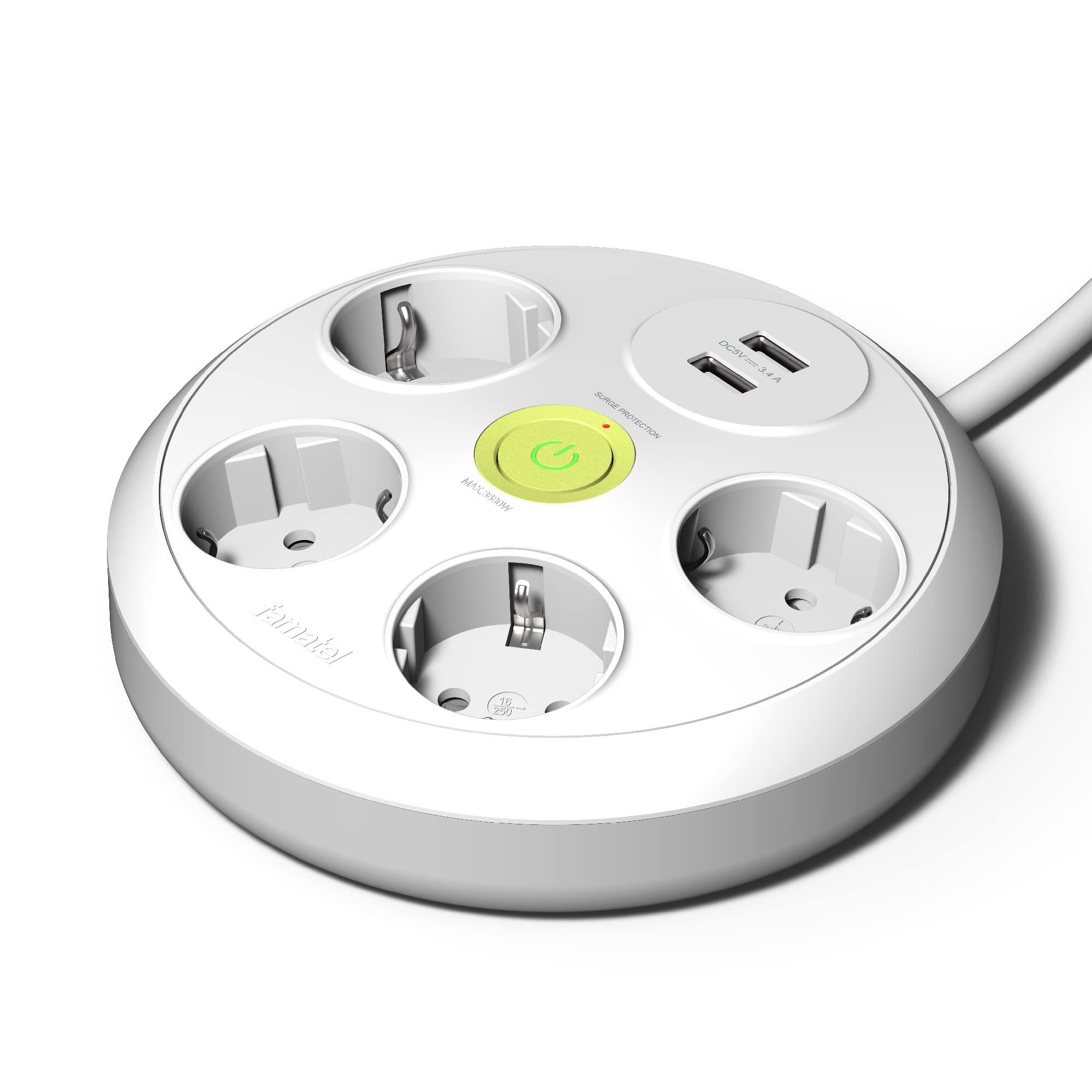 FAMATEL – Multipresa rotonda a 4 prese + 2 prese USB + interruttore | cavo da 3 m | con TT | 16 A | 250 V | Bianco | Spina USB di Ricarica Rapida | Protezione Sovratensioni