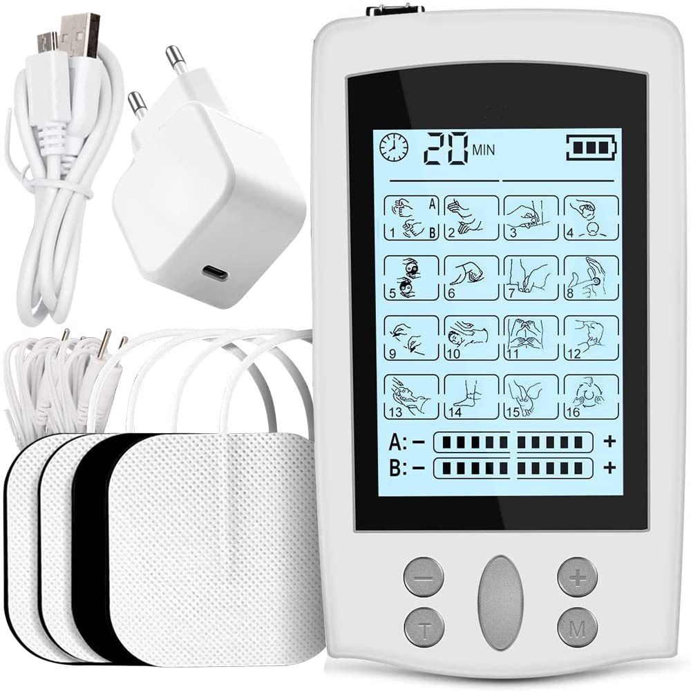 TENS Electroestimulador, USB Electroestimulador Muscular con 16 Modos 20 Intensidad, 2 Canales 4 Electrodos, Aliviar Preciso, Eficaz y Seguro del Dolor Muscular