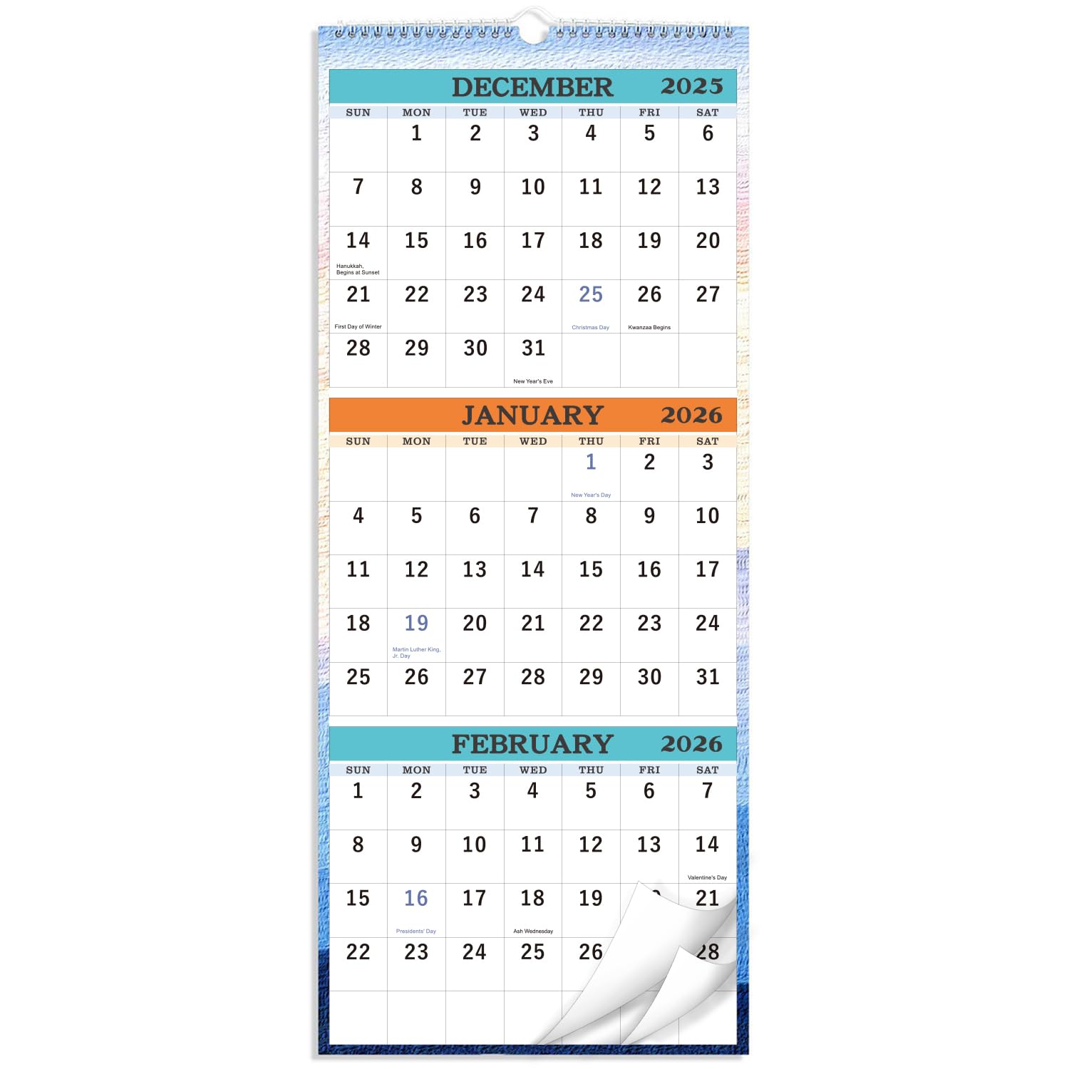 2026 Wall Calendar - January 2026 - December 2026, 3-Month Display Vertical Calendar 2026, Calendar Planner 2026, 11" x 26", Large, Lay- Flat, Perfect for Your Busy Schedule