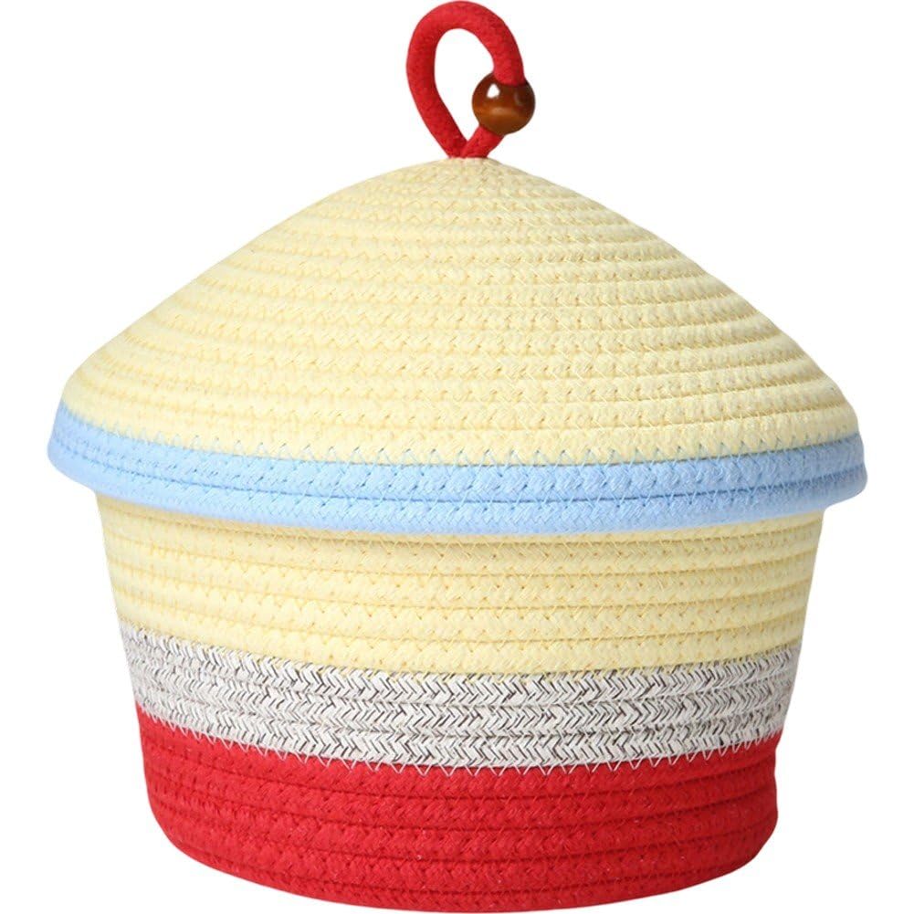 Sslvya Small Woven Storage Baskets with Lids, Round Cotton Rope Basket with Lid, Decorative Basket Cute Storage Bins for Home Decor