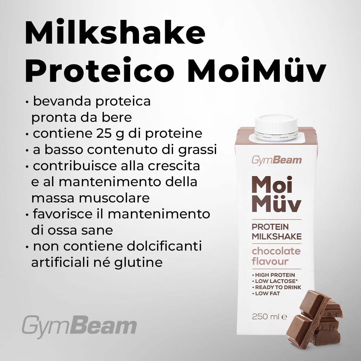 GymBeam Milkshake Proteico MoiMüv 18 x 250 ml, Bevanda Pronta da Bere con 25g di Proteine, A Basso Contenuto di Grassi e Lattosio, Senza Dolcificanti Artificiali e Glutine (Chocolate)