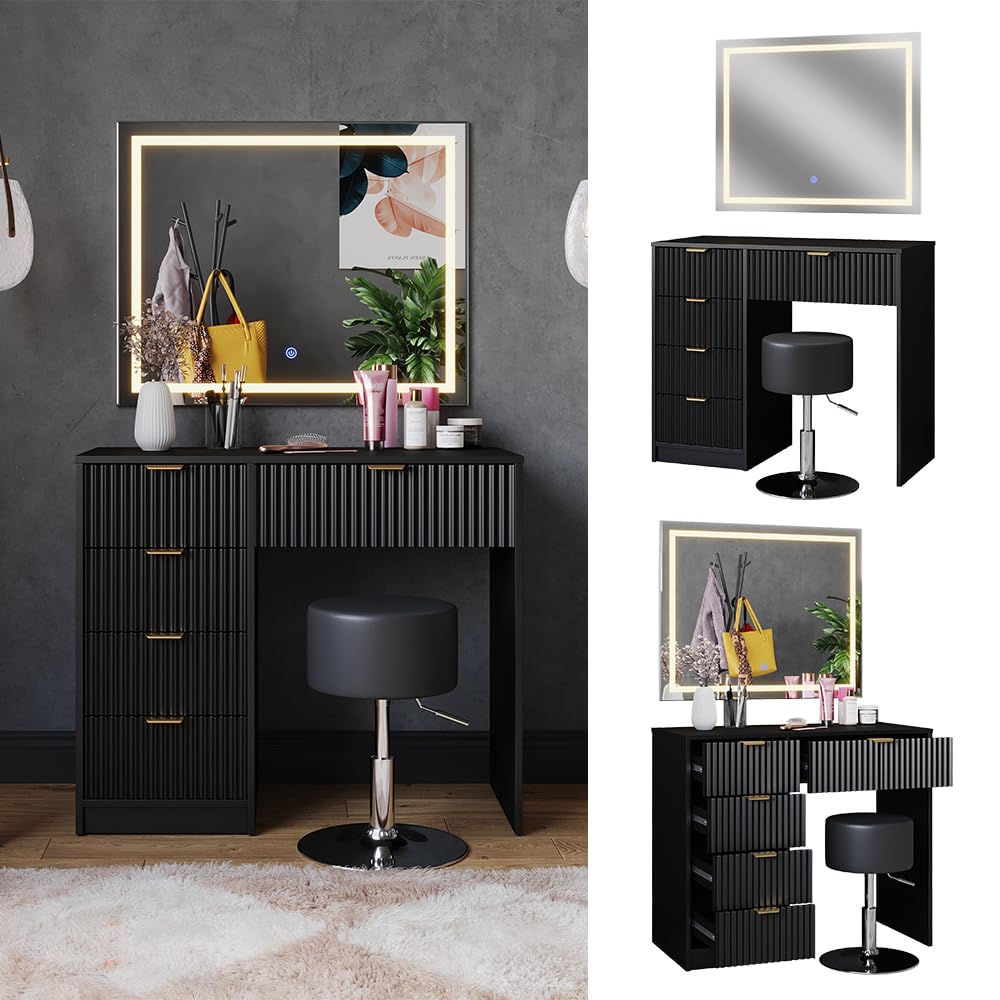 Vicco Coiffeuse Melora, Chêne/Noir, 100cm avec Miroir LED, pour Le Rangement des cosmétiques et Accessoires