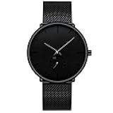 Mens Watches Ultra-thin Minimalist Waterproof-Fashion Wrist Watch for Men Unisex Dress with Stainless Steel Mesh Band-Black Hands