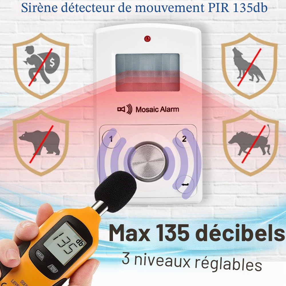 Alarme Détecteur de Mouvement 135dB avec Télécommande - Sirène Puissante 135 Décibels pour Garage, Abri, Intérieur - Sécurité Anti-Intrusion Maison - Portable avec Clavier, Batterie ou USB