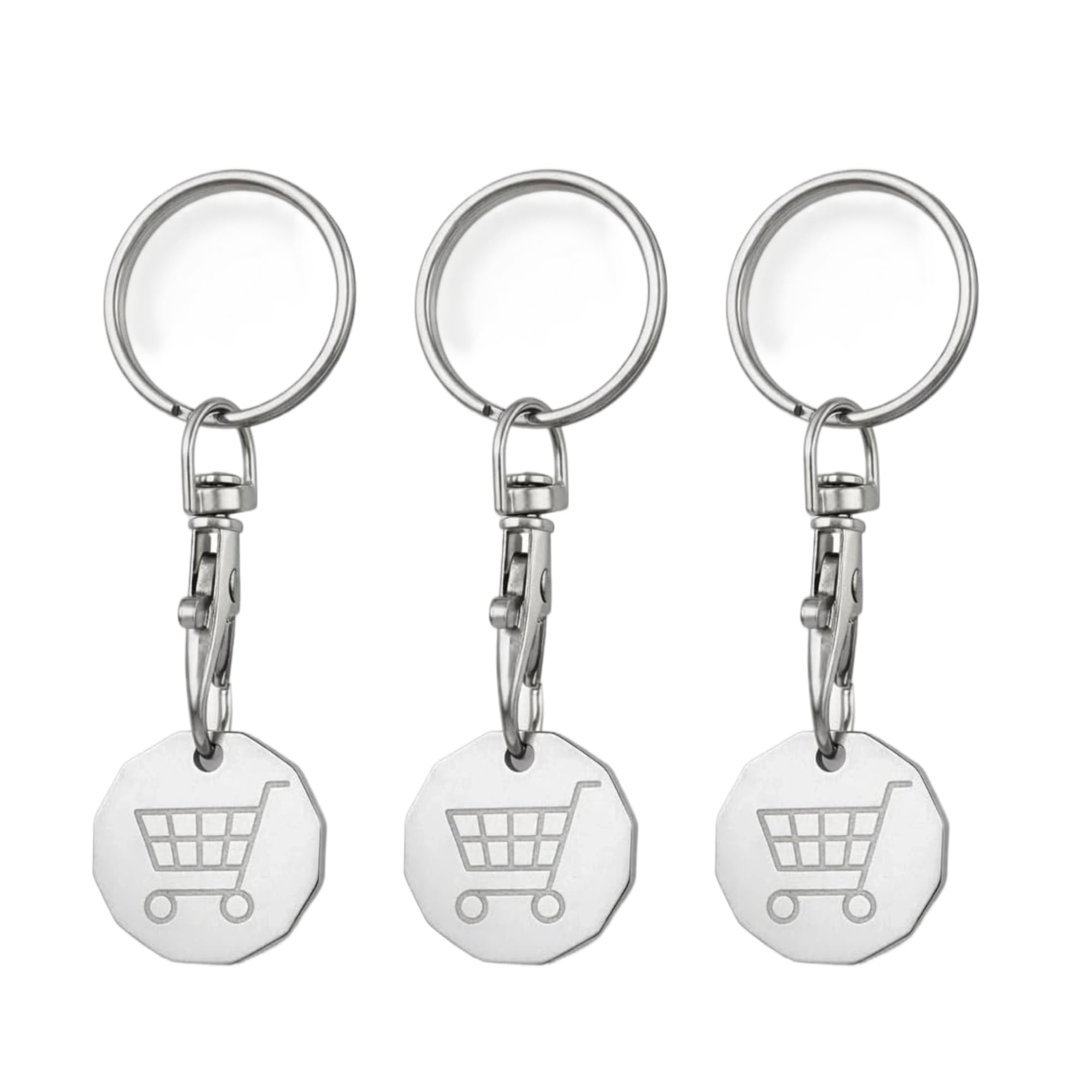 Elenviorina 3-Pack Metal Trolley Tokens, Silver Shopping Cart Coins with Keyring Clip, Reusable UK Trolley Coins for Supermarket Carts and Gym Lockers, 7.5×2.3cm